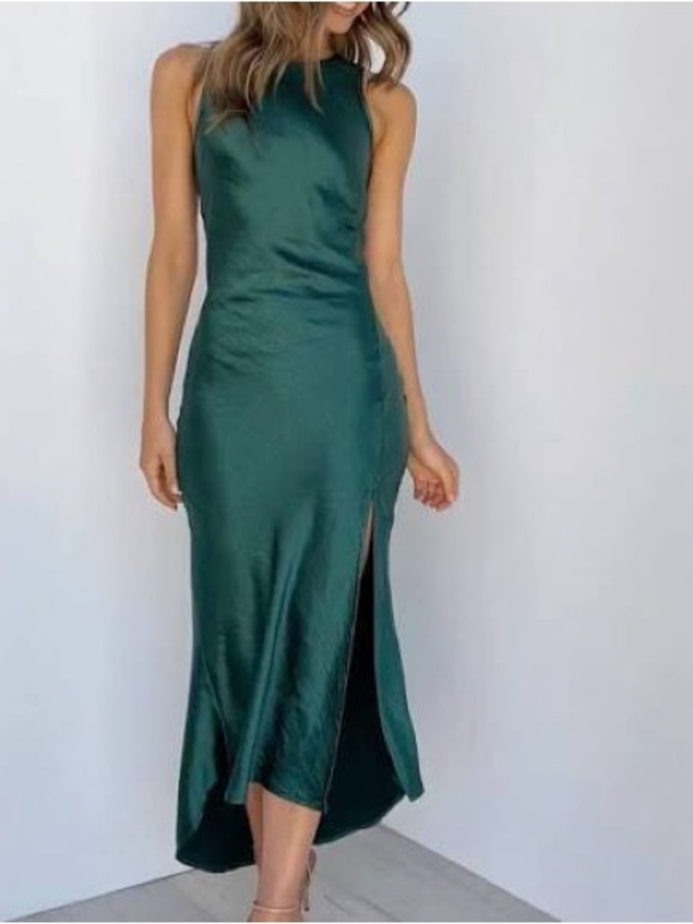 Petal & Pup Emerald Green Satin High-Low Dress with Thigh Slit - Picture 2 of 4